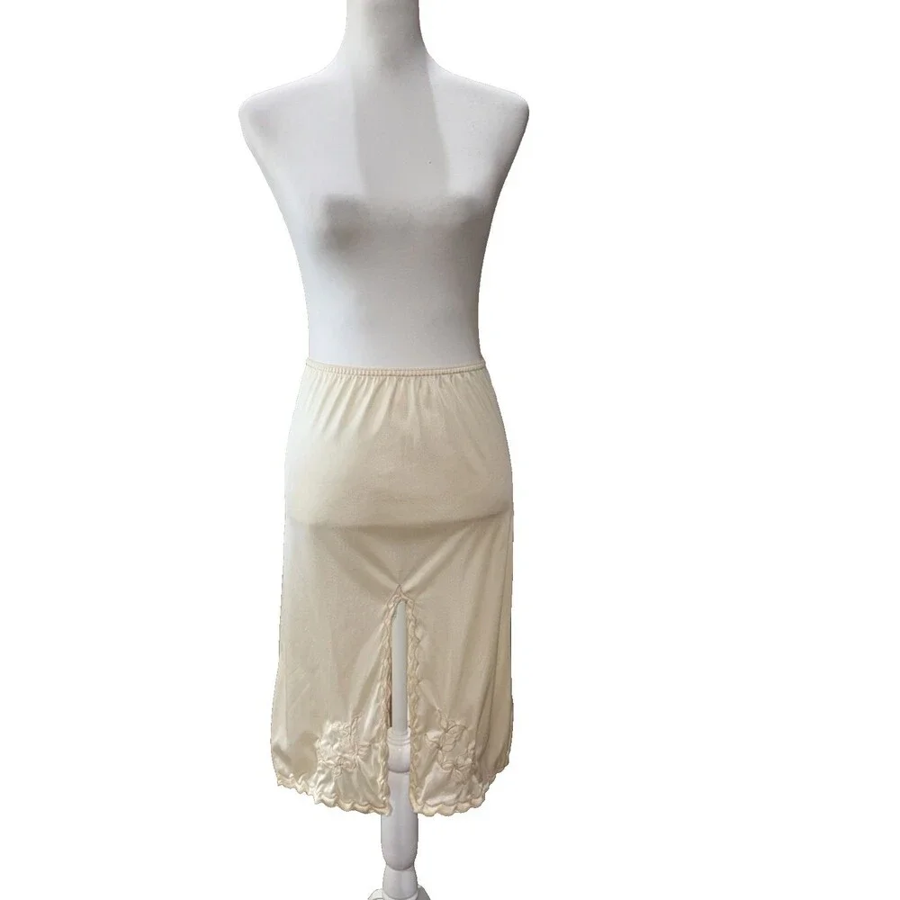 Vintage Vincent Nylon Half Slip Ivory Lace Trim High Slit 90s Lingerie Skirt S